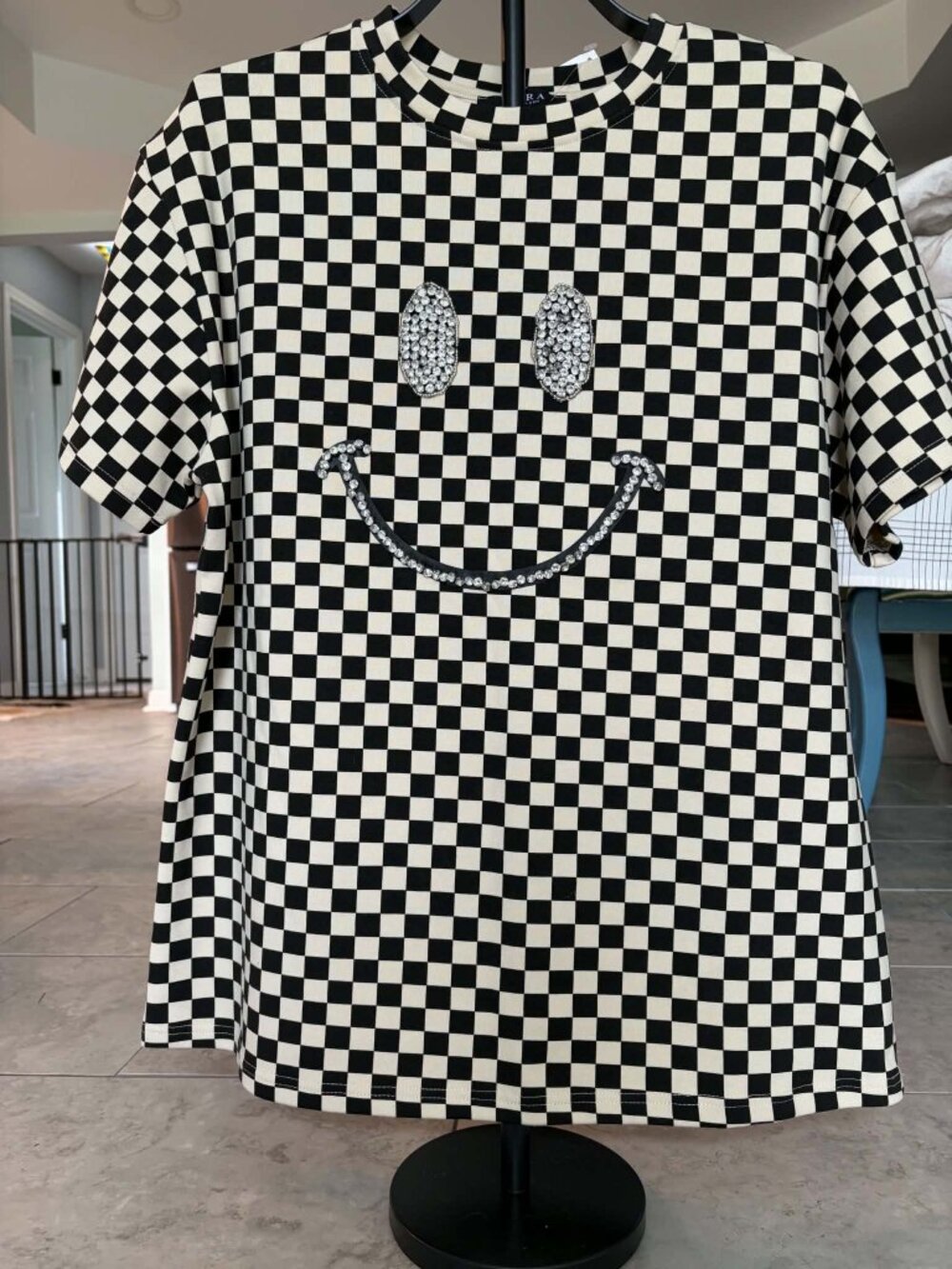 NWT AKIRA Rhinestone Smiley Face Oversized Checkered T-Shirt One Size